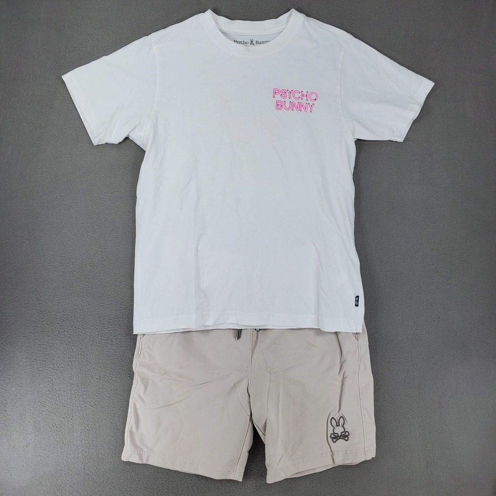 Psycho Bunny T-Shirt and Shorts Set Kids L White Beige Neon Logo Graphic 2pc